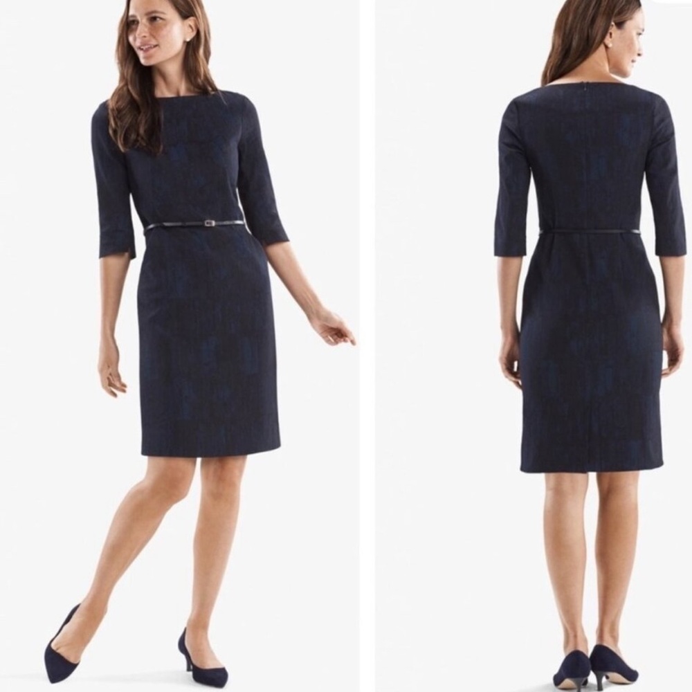 NEW M.M.LaFleur Etsuko brushed jacquard blue/black dress 14